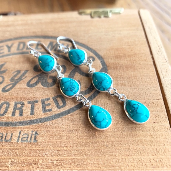 ✨TURQUOISE + STERLING 3-STONE DROP EARRINGS - Picture 5 of 8